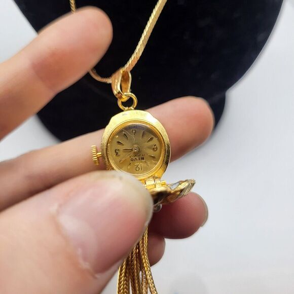 RIVIO 17 Jewels Swiss Flower Pocket Watch Pendant Monet 2.5in Fringe 29in chain main image 12